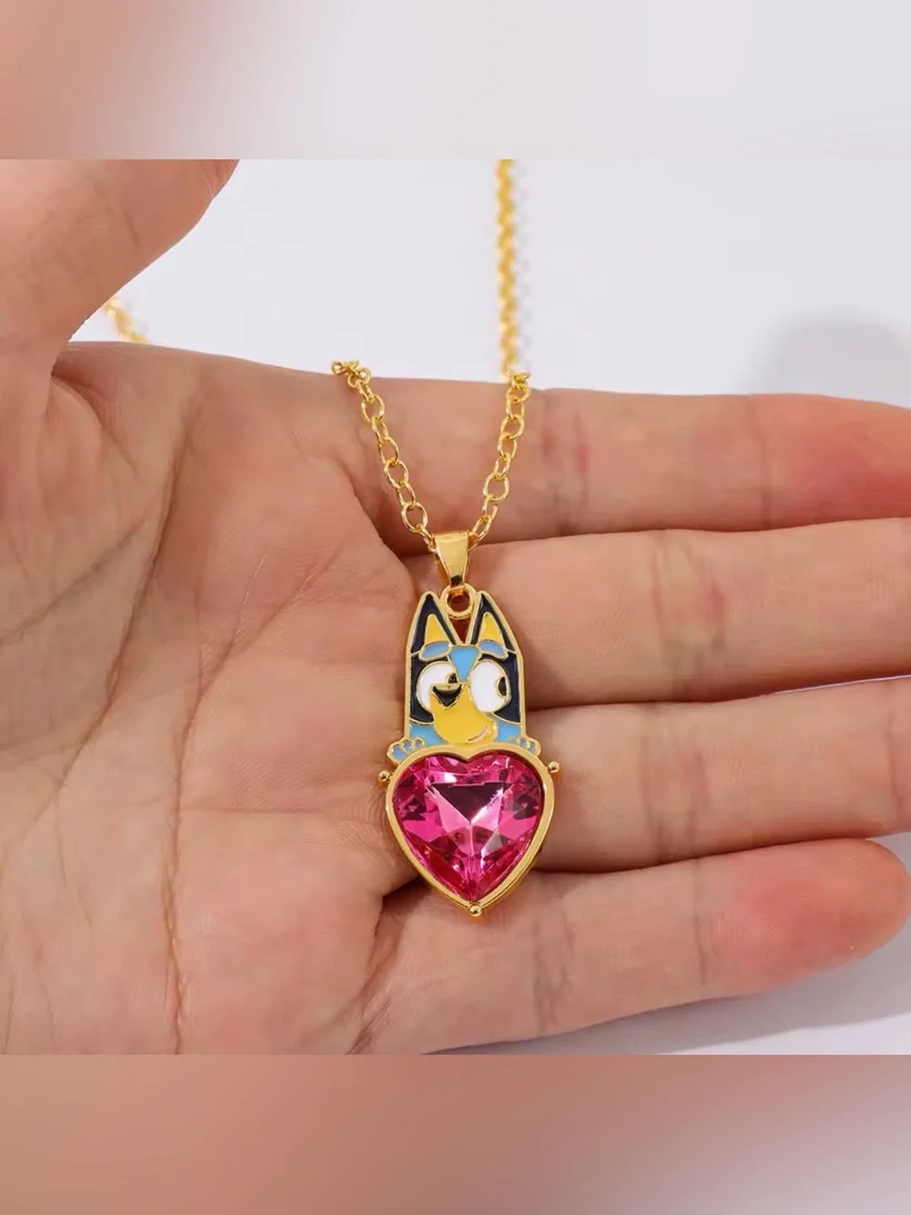 Bluey Holding Ruby Colored Heart Gold Tone Pendant Necklace Disney Character